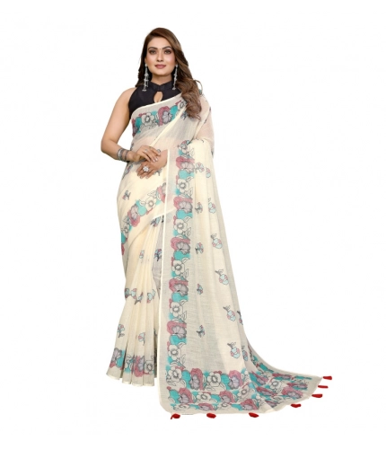 Generic Women's Linen Cotton Printed Saree With Unstitched Blouse 5.5Mtr (Off White)
