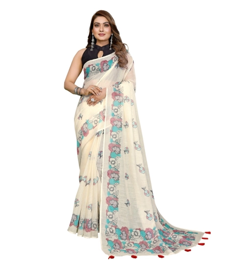 Generic Women's Linen Cotton Printed Saree With Unstitched Blouse 5.5Mtr (Off White) Generic Women's Linen Cotton Printed Saree With Unstitched Blouse 5.5Mtr (Off White)