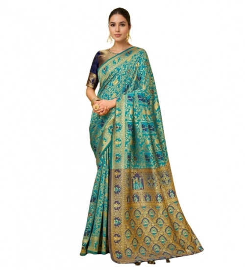 Generic Women's Silk Blend Woven Paithani Saree With Unstitched Blouse 5.5Mtr (Rama)