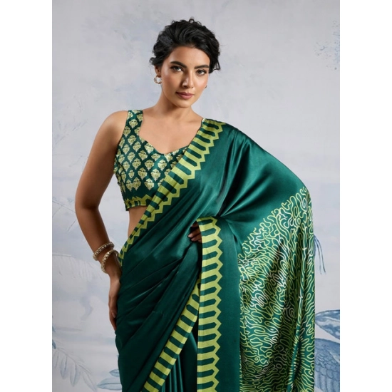 Generic Women's Satin Crepe Printed Saree With Unstitched Blouse 5.5Mtr (Green)