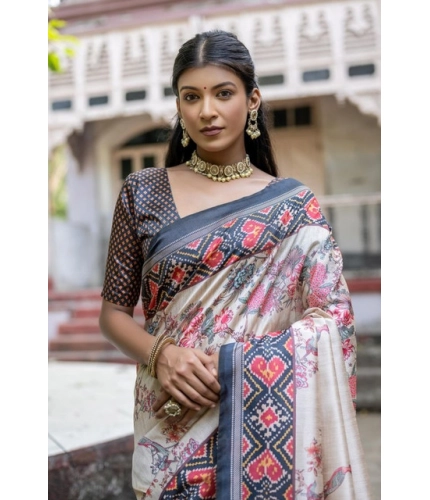 Generic Women's Faux_Tussar Floral Jal With Patola Print Saree With Unstitched Blouse 5.5Mtr (Black)