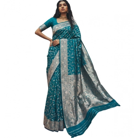 Generic Women's Art Silk Printed Saree With Unstitched Blouse 5.5Mtr (Teal)