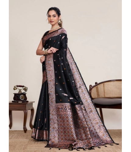 Generic Women's Jacquard Woven Saree With Unstitched Blouse 5.5Mtr (Black)