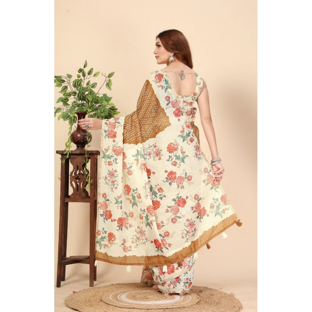 Women's Cotton Silk Floral Printed Saree With Unstitched Blouse 5.5Mtr (Brown)