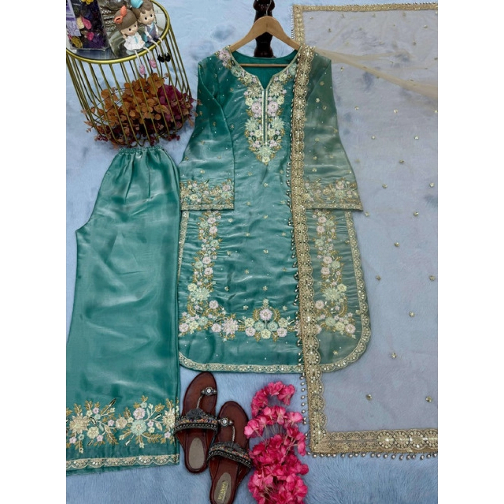 Generic Women's Silk Embroidered 3/4th Sleeve Round Readymade Kurti With Palazzo Pant and Dupatta Set (Sea Green) Generic Women's Silk Embroidered 3/4th Sleeve Round Readymade Kurti With Palazzo Pant and Dupatta Set (Sea Green)