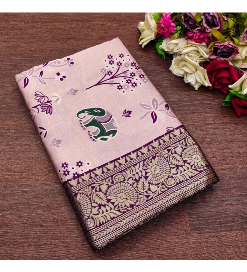 Generic Women's Soft Litchi Silk Jacquard Work Saree With Unstitched Blouse 5.5Mtr (Purple)