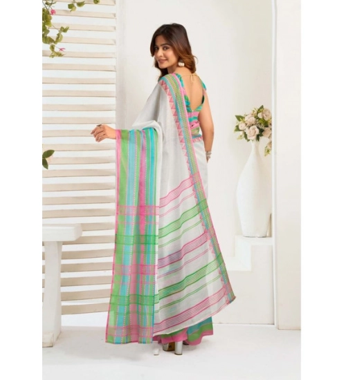 Generic Women's Faux_Linen Printed Ready-to-Wear Saree With Unstitched Blouse 5.5 Mtr (White)