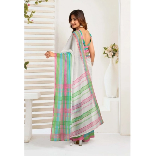 Generic Women's Faux_Linen Printed Ready-to-Wear Saree With Unstitched Blouse 5.5 Mtr (White)