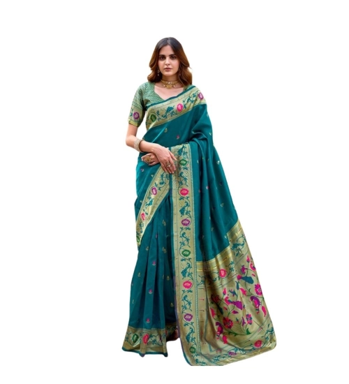 Generic Women's Silk Blend Woven Saree With Unstitched Blouse 5.5 Mtr (Teal)