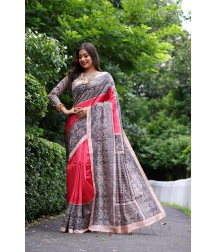 Generic Women's Faux_Tussar Ethnic_Print Saree With Unstitched Blouse 5.5Mtr (Red)