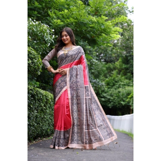 Generic Women's Faux_Tussar Ethnic_Print Saree With Unstitched Blouse 5.5Mtr (Red) Generic Women's Faux_Tussar Ethnic_Print Saree With Unstitched Blouse 5.5Mtr (Red)