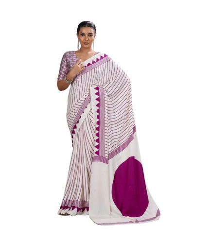 Generic Women's Satin Crepe Printed Saree With Unstitched Blouse 5.5Mtr (White)