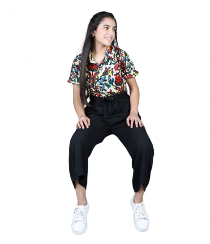 Generic Girl's Polyester Printed Short Sleeves Jumpsuit (Multicolor-Black)