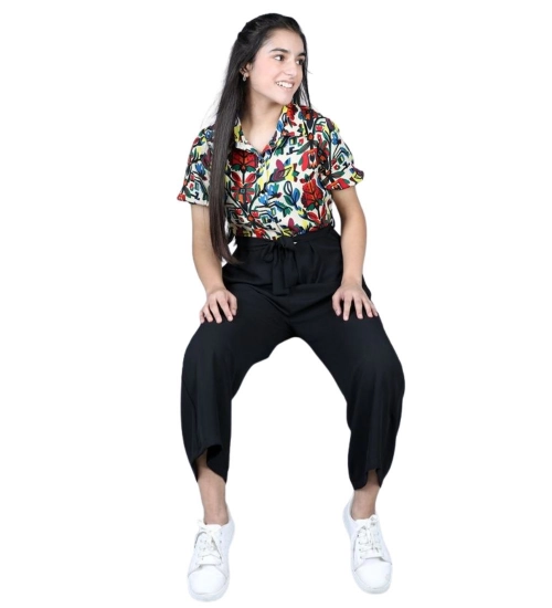 Generic Girl's Polyester Printed Short Sleeves Jumpsuit (Multicolor-Black)