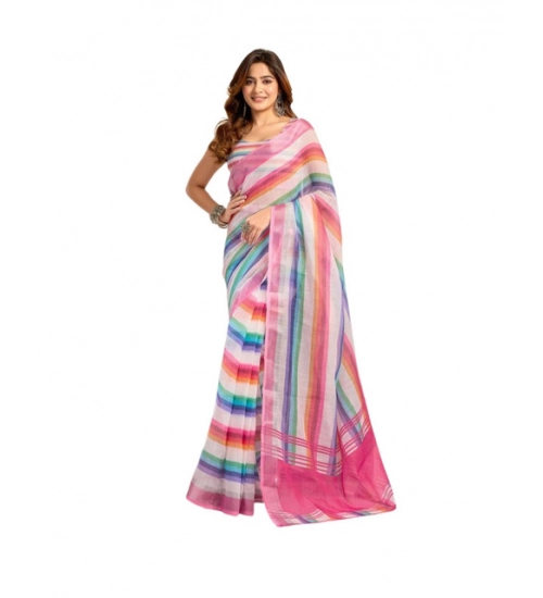 Generic Women's Faux_Linen Printed Ready-to-Wear Saree With Unstitched Blouse 5.5 Mtr (Multicolor)
