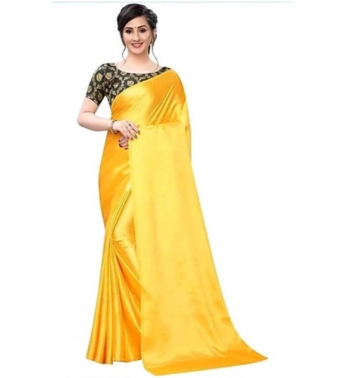 Generic Women's Satin Solid Saree With Unstitched Blouse 5.5Mtr (Yellow)