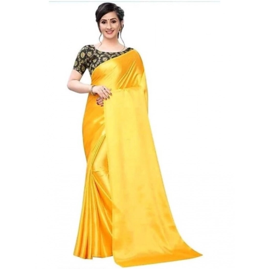 Generic Women's Satin Solid Saree With Unstitched Blouse 5.5Mtr (Yellow)
