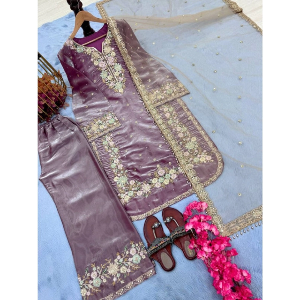 Generic Women's Silk Embroidered 3/4th Sleeve Round Kurti With Palazzo Pant and Dupatta Set (Lavender) Generic Women's Silk Embroidered 3/4th Sleeve Round Kurti With Palazzo Pant and Dupatta Set (Lavender)
