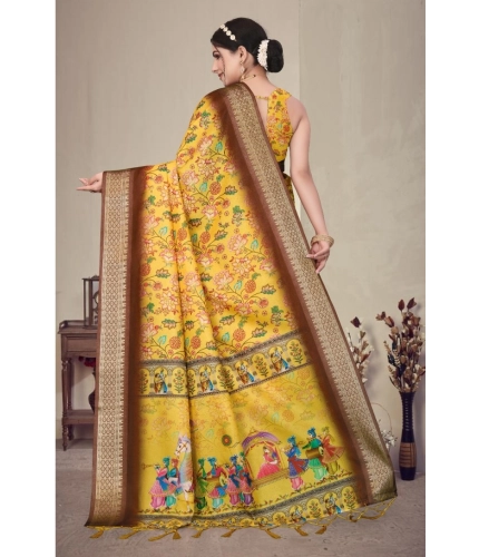 Generic Women's Cotton Silk  Printed Saree With Unstitched Blouse 5.5Mtr (Yellow)