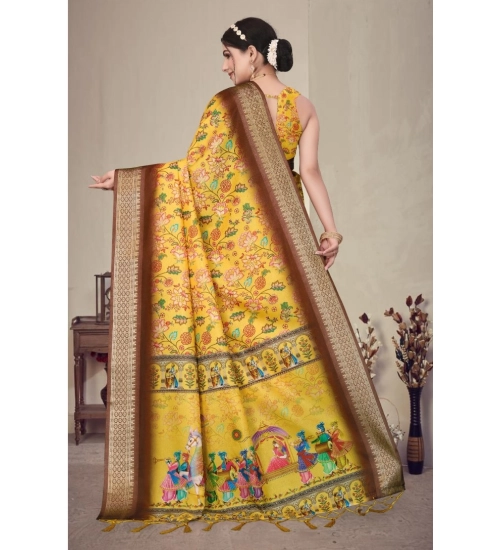 Generic Women's Cotton Silk  Printed Saree With Unstitched Blouse 5.5Mtr (Yellow)