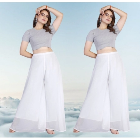Generic Women's Pack of 2 Georgette Solid High Rise Wide Leg Flared Palazzos with Elastic Waist (White)