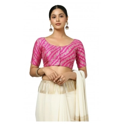 Generic Women's Jacquard Zari Round Neck Padded Blouse (Pink 38 Ready (Self Alterable 36–40)