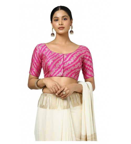 Generic Women's Jacquard Zari Round Neck Padded Blouse (Pink 38 Ready (Self Alterable 36–40)