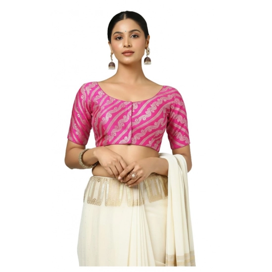 Generic Women's Jacquard Zari Round Neck Padded Blouse (Pink 38 Ready (Self Alterable 36–40)