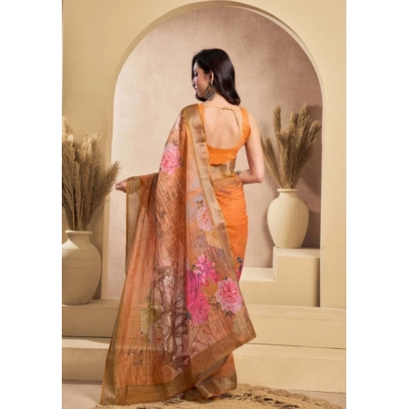 Generic Women's Faux_Linen Printed Ready-to-Wear Saree With Unstitched Blouse 5.5 Mtr (Orange)
