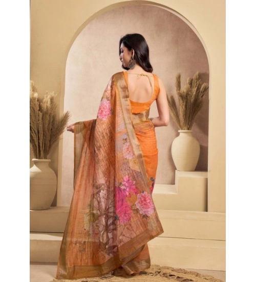 Generic Women's Faux_Linen Printed Ready-to-Wear Saree With Unstitched Blouse 5.5 Mtr (Orange) Generic Women's Faux_Linen Printed Ready-to-Wear Saree With Unstitched Blouse 5.5 Mtr (Orange)
