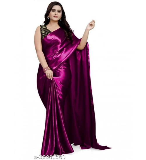 Generic Women's Satin Solid Saree With Unstitched Blouse 5.5Mtr (Purple)