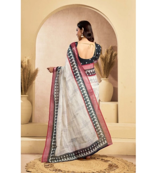 Generic Women's Linen Cotton Printed Ready To Wear Saree With Unstitched Blouse 5.5 Mtr (Off_White)
