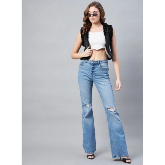 Generic Women's Denim And Fur Solid Sleeveless Shrug (Black)