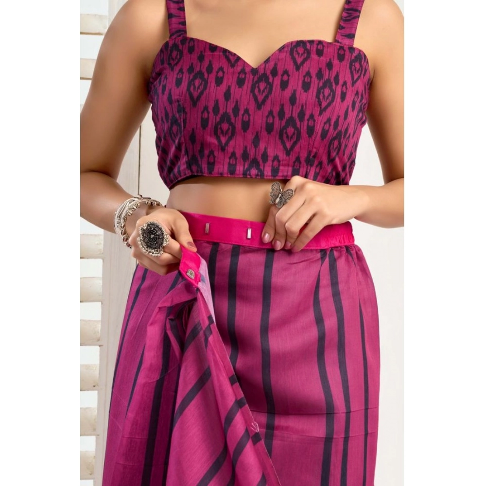 Generic Women's Faux_Linen Printed Ready-to-Wear Saree With Unstitched Blouse 5.5 Mtr (Magenta)