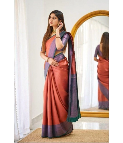 Generic Women's Soft Lichi Silk Printed Saree With Unstitched Blouse 5.5Mtr (Orange)