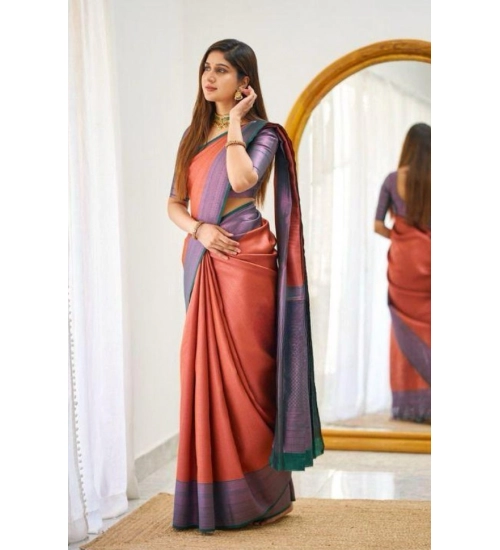 Generic Women's Soft Lichi Silk Printed Saree With Unstitched Blouse 5.5Mtr (Orange)