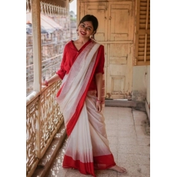 Generic Women's Soft Lilan Printed Saree With Unstitched Blouse 5.5Mtr (White)