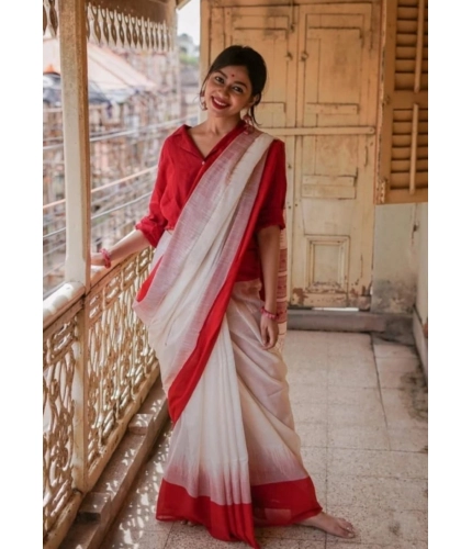 Generic Women's Soft Lilan Printed Saree With Unstitched Blouse 5.5Mtr (White)
