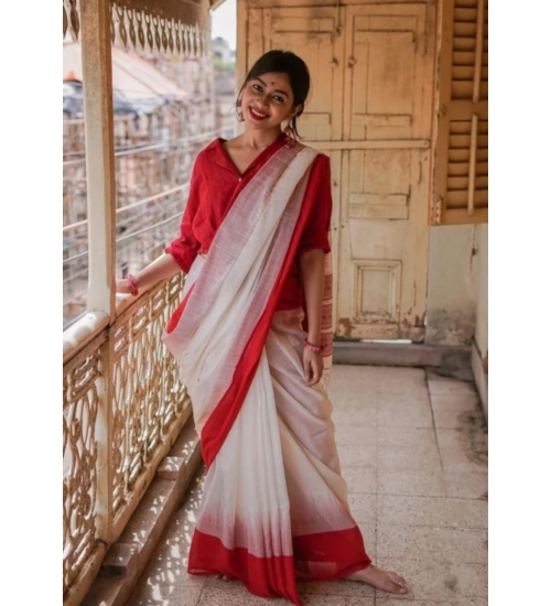 Generic Women's Soft Lilan Printed Saree With Unstitched Blouse 5.5Mtr (White)