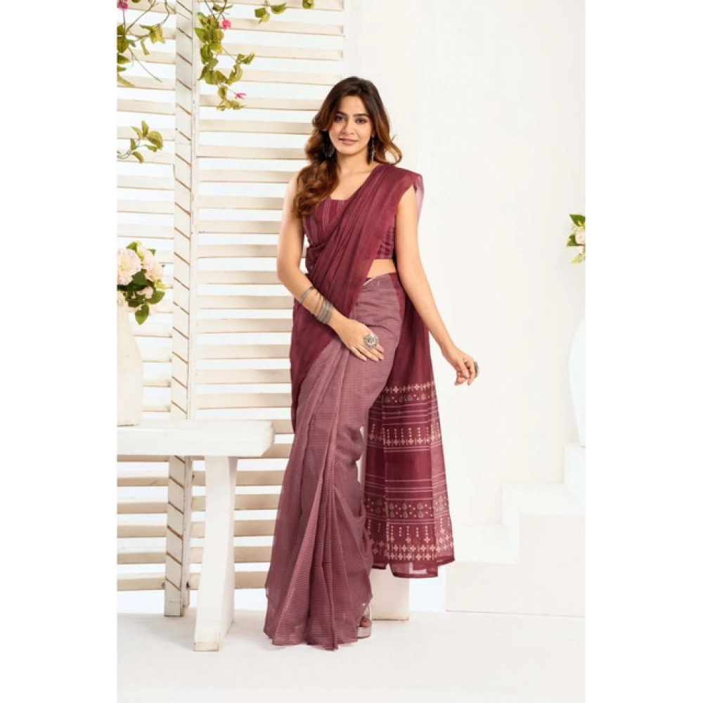 Generic Women's Linen Cotton Printed Ready To Wear With Pocket Saree With Unstitched Blouse 5.5 Mtr (Maroon)