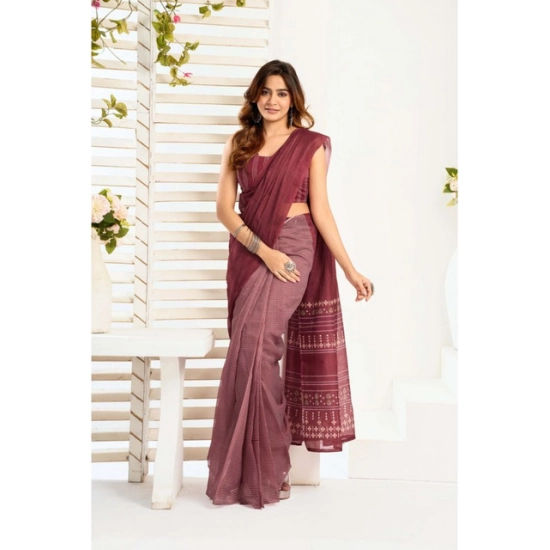 Generic Women's Linen Cotton Printed Ready To Wear With Pocket Saree With Unstitched Blouse 5.5 Mtr (Maroon)