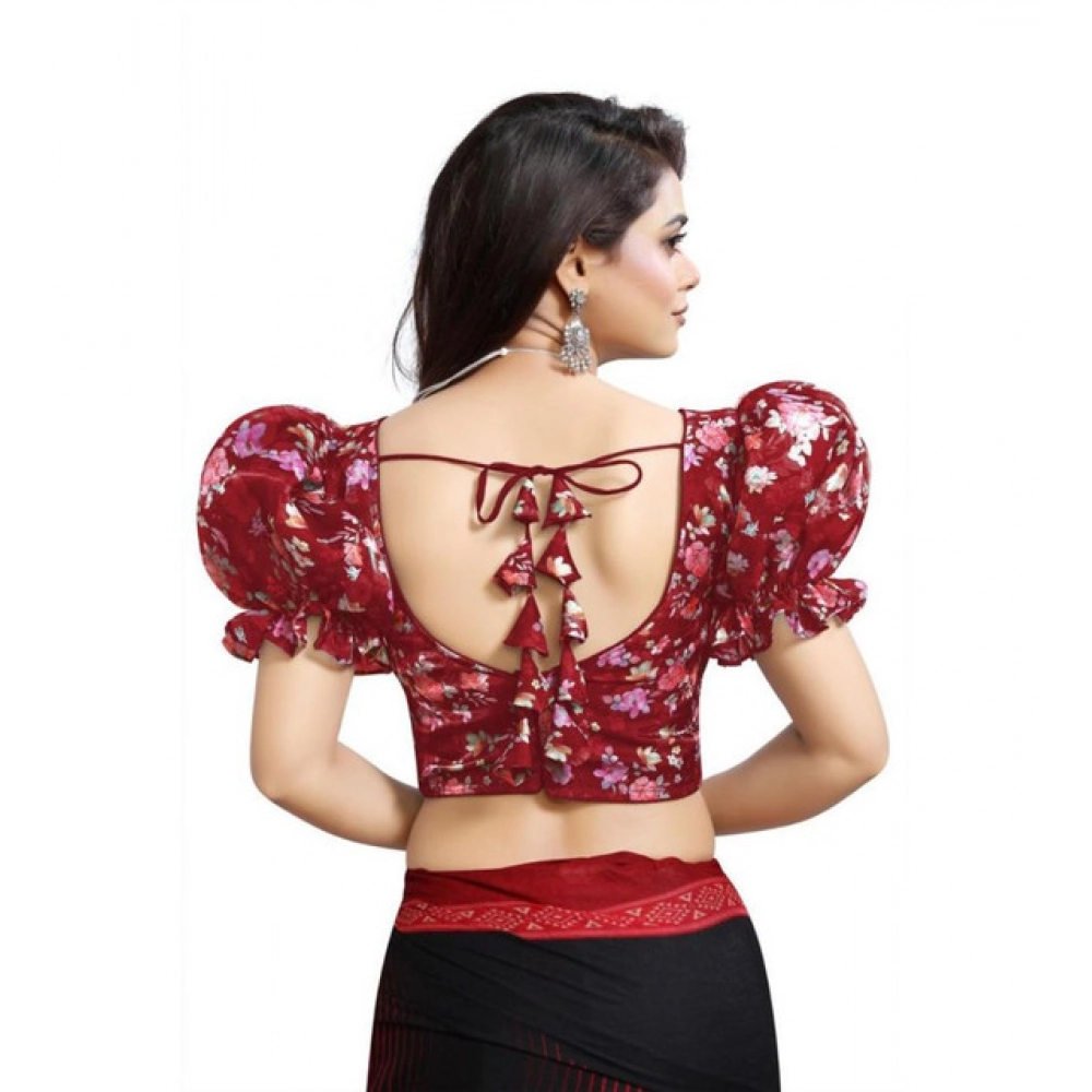 Generic Women's Organza Printed V Neck Puff Sleeve Readymade Blouse (Maroon 38 , Alterable up to 42)-PID65866