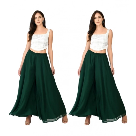 Generic Women's Pack of 2 Georgette Solid High Rise Wide Leg Flared Palazzos with Elastic Waist (Bottle Green)