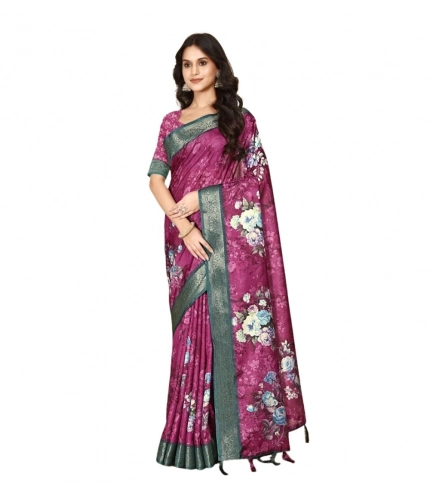Generic Women's Cotton Blend Floral Printed Saree With Unstitched Blouse 5.5Mtr (Multicolor)