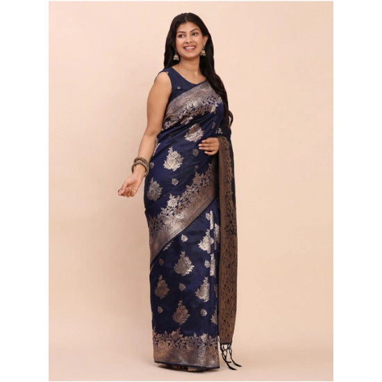 Generic Women's Banarasi Silk Printed Saree With Unstitched Blouse 5.5Mtr (Navy Blue)