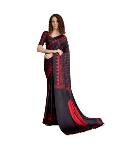 Generic Women's Satin Crepe Printed Saree With Unstitched Blouse 5.5Mtr (Black)