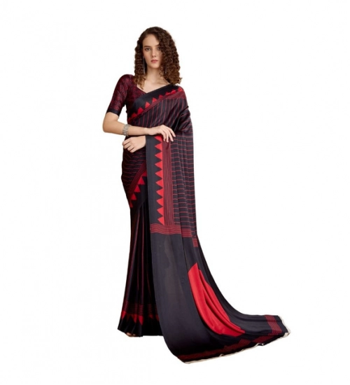 Generic Women's Satin Crepe Printed Saree With Unstitched Blouse 5.5Mtr (Black)
