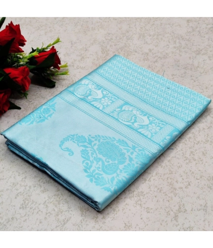 Generic Women's Soft Lichi Silk Printed Saree With Unstitched Blouse 5.5Mtr (Sky Blue)