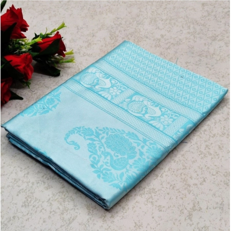 Generic Women's Soft Lichi Silk Printed Saree With Unstitched Blouse 5.5Mtr (Sky Blue)