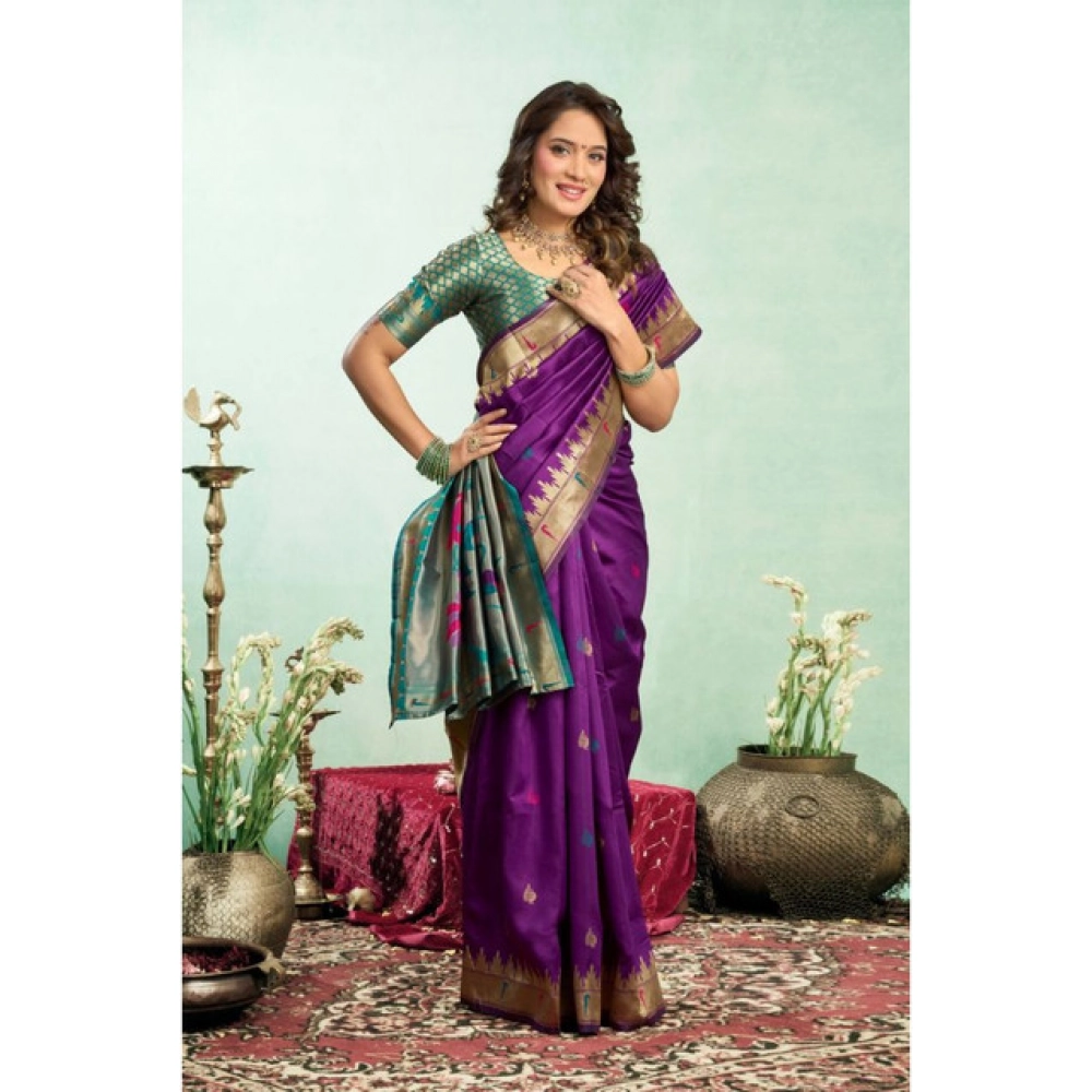 Generic Women's Silk Blend Woven Saree With Unstitched Blouse 5.5 Mtr (Purple)